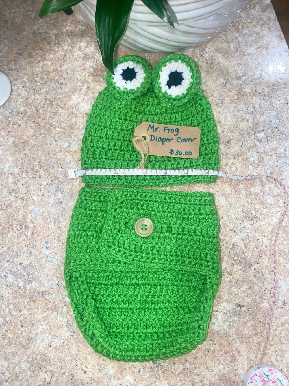 Handmade Green Frog Crochet Baby Diaper Cover and Hat Set-Large
